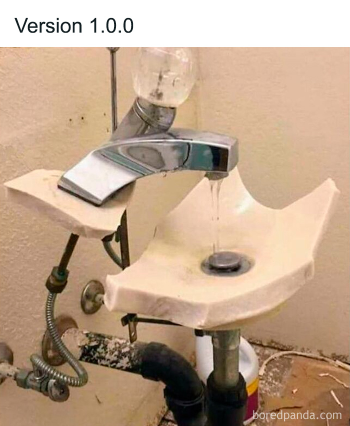 Broken bathroom sink with a leaking faucet, illustrating a funny programmers meme about imperfect versions and bugs.