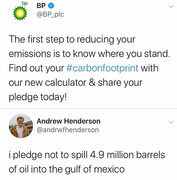 Tweet exchange showing a social media fail by a major company addressing carbon footprint and oil spill pledge.