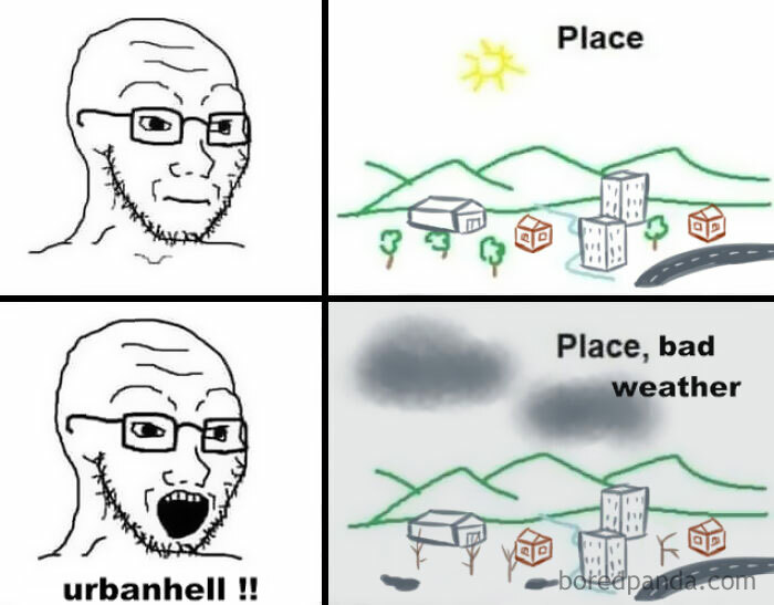 Meme mocking the urban hell echo chamber, showing exaggerated negative views of weather and place.