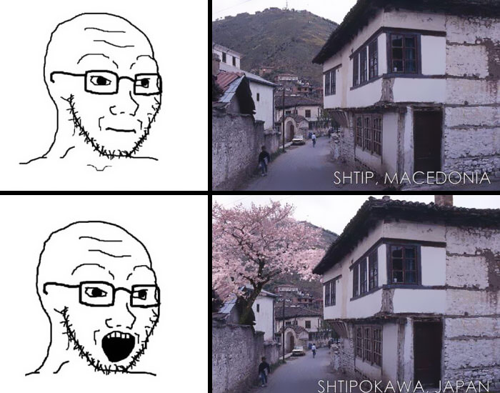 Side-by-side comparison of illustrations and photos mocking the urban hell echo chamber with Macedonia and Japan scenes.