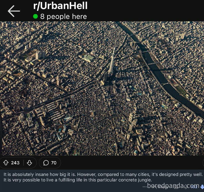 Aerial view of a dense urban area shared in a group focused on making fun of the urban hell echo chamber.