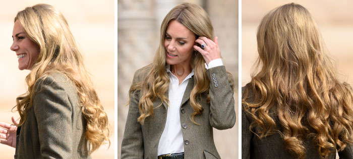 Kate Middleton with blonde hair in a brown blazer and white shirt, hairdresser defends against trolls mocking her look. Kate Middleton with blonde hair in a brown blazer and white shirt, hairdresser defends against trolls mocking her look.