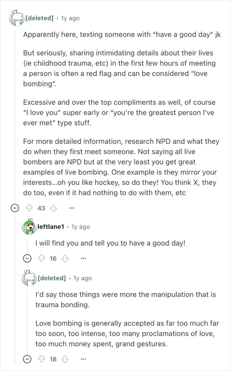 Red flags in a relationship discussed in a forum, including love bombing and manipulation signs early in dating.