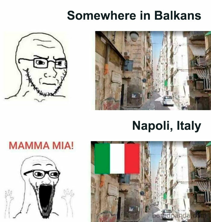 Meme comparing reactions to the same urban alley, highlighting the urban hell echo chamber humor.