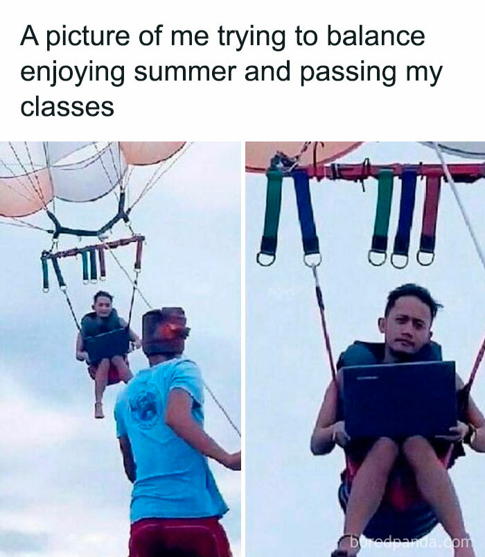 Student and young adult balancing summer fun and classes, working on a laptop while parasailing in an adventurous setting.