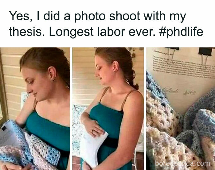 Student doing a creative thesis photo shoot, holding papers wrapped in a blanket, showcasing student and young adult life.