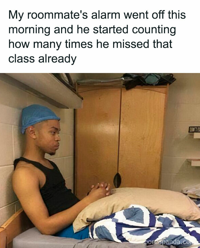 Student sitting on bed looking tired while counting missed classes, illustrating college life struggles and young adult challenges.