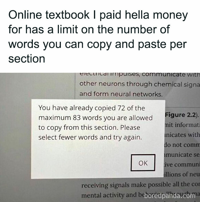Screenshot of a student frustrated by online textbook limits on words copied per section, showing student life challenges.