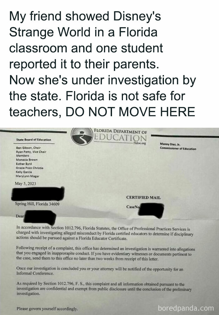 Investigation letter for teacher in Florida, highlighting challenges students and young adults face in education and safety issues.