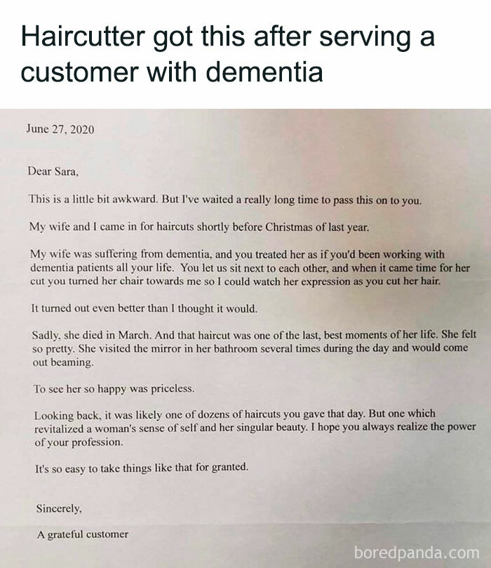 Letter from a grateful customer showing how a haircut impacted a dementia patient, reflecting young adults living the best and worst life.