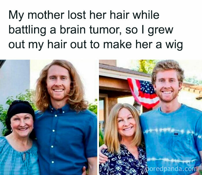 Young adult shows before and after photos with mother, highlighting caring moments of students and young adults living life.