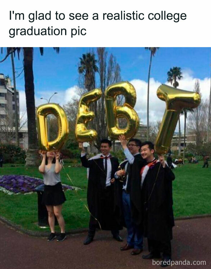 Students and young adults at college graduation holding balloons spelling debt, showing the best and worst life reality.