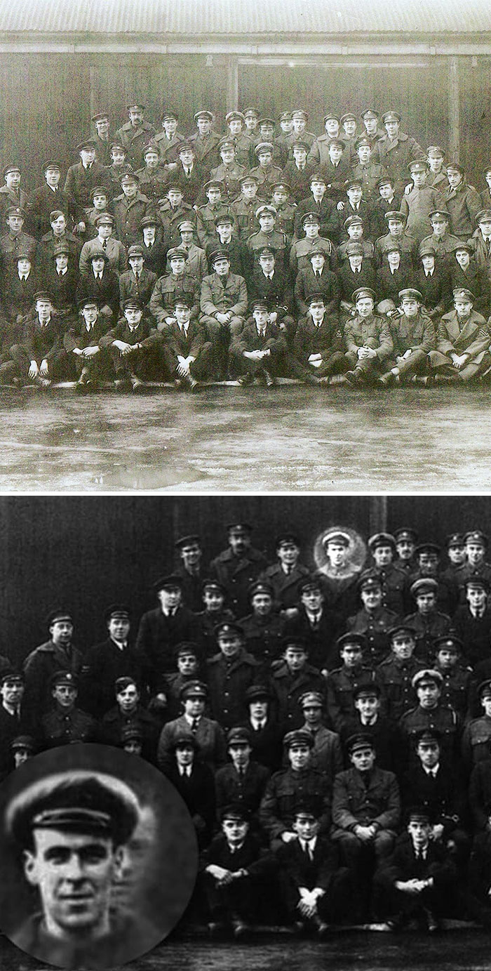 Black and white vintage group photo of soldiers with a mysterious ghostly face among them, featuring strange history.