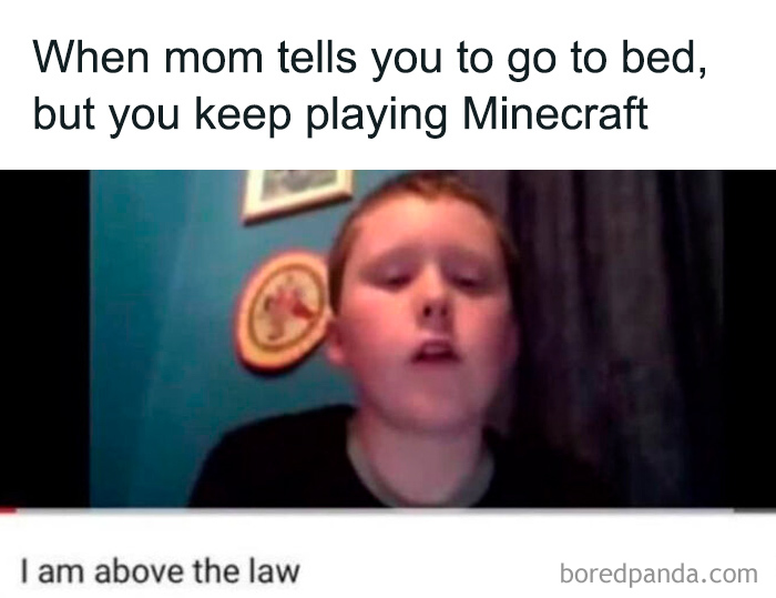 Boy playing Minecraft in a dim room with a caption about being above the law in a cringe-worthy but wholesome post.