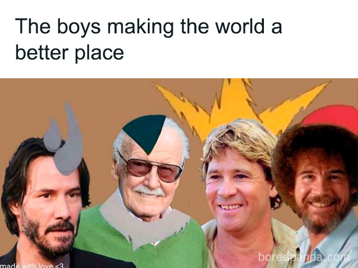 Alt text: collage of famous men with edited cartoon details labeled as boys making the world a better place, highlighting cringe-worthy but wholesome posts
