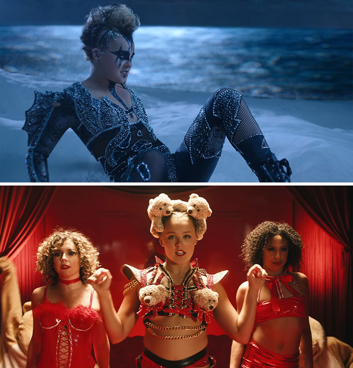 JoJo Siwa wearing a gold mini dress and bold accessories, captivating fans with her unique and stylish look.