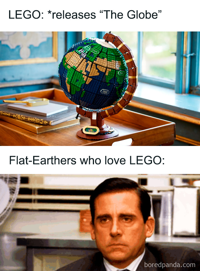 LEGO globe model on a table with a serious man reacting, highlighting absurd scientific takes and modern society themes.