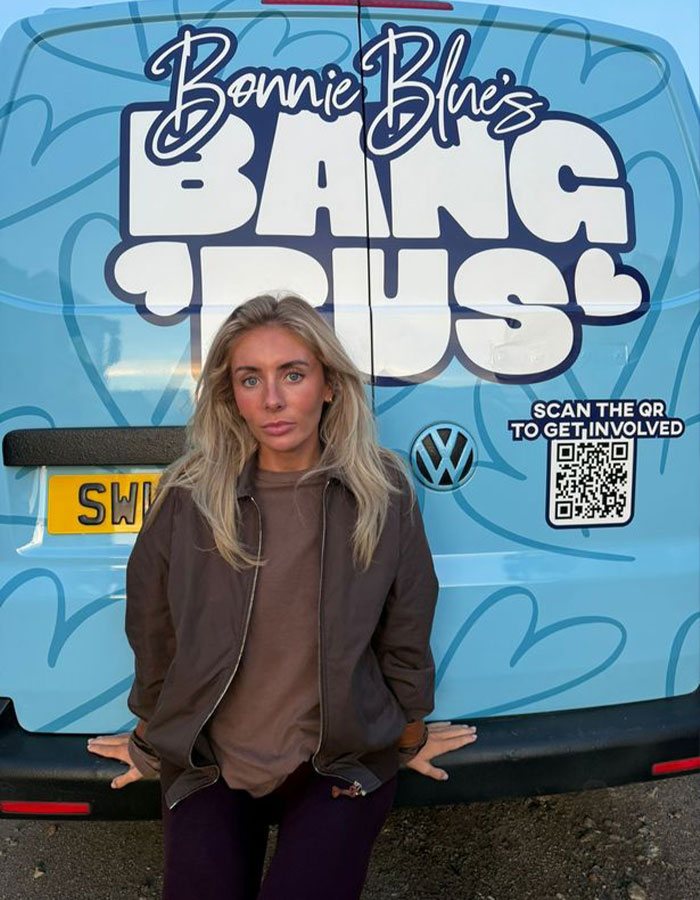 Adult star Bonnie Blue posing in front of a van with branded text, related to Bonnie Blue’s nightclub event incident. Adult star Bonnie Blue posing in front of a van with branded text, related to Bonnie Blue’s nightclub event incident.
