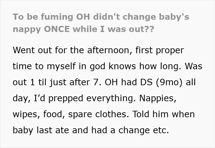 Screenshot of a parenting forum post about dad forgetting to change diaper and feed baby during first childcare experience.