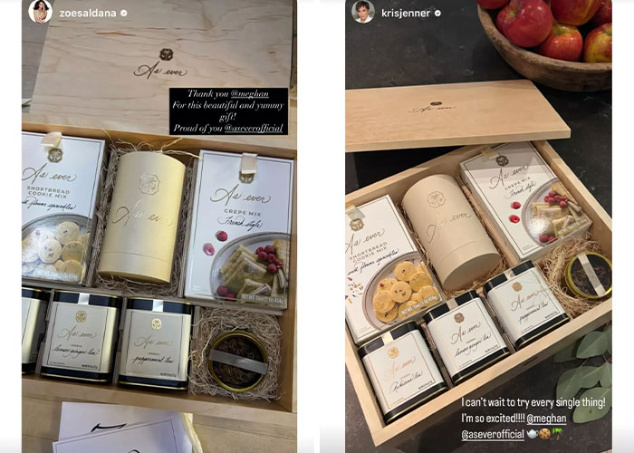 Gift box containing As Ever brand snacks and mixes, linked to Meghan Markle and reality TV star reactions.