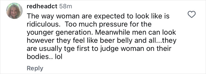 Comment about unrealistic beauty standards and pressure on women relating to breast implants and body image judgments online.