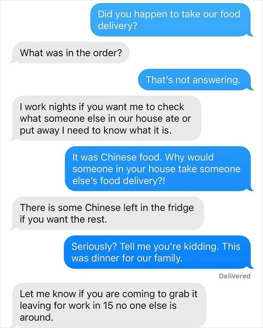 Text message exchange about food delivery mix-up, illustrating moments that make people want to live in the middle of nowhere with no neighbors.