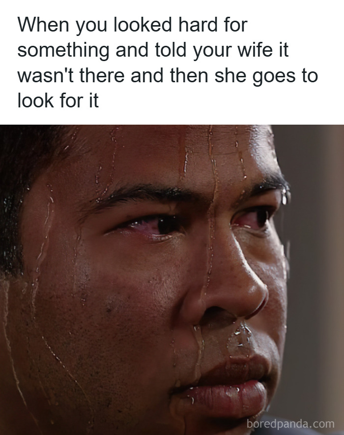 Man sweating nervously when wife looks for something he already searched, relatable couple thing in relationships.