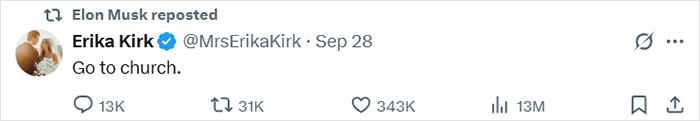 Screenshot of Erika Kirk&rsquo;s tweet saying Go to church, reposted by Elon Musk, highlighting hypocrisy accusations.