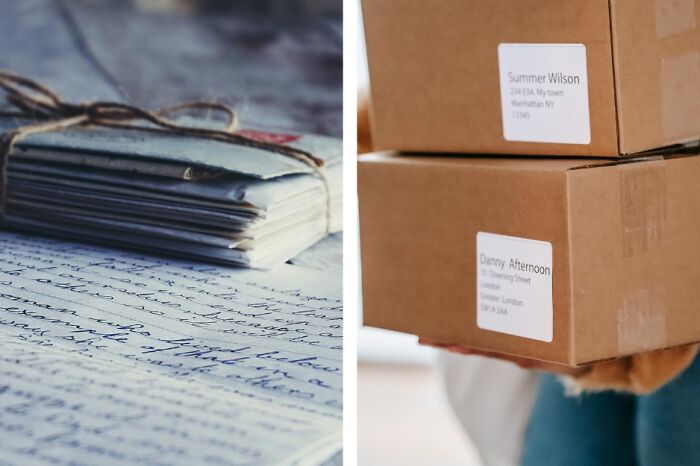 Stack of handwritten letters tied with string next to a person holding cardboard boxes, illustrating everyday skills for adulting.