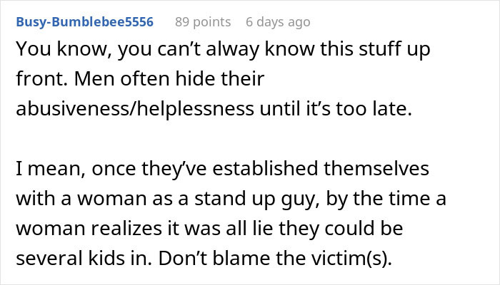 Comment discussing how men hide abusiveness and helplessness, relating to a man expecting wife to rescue him after missing flight.