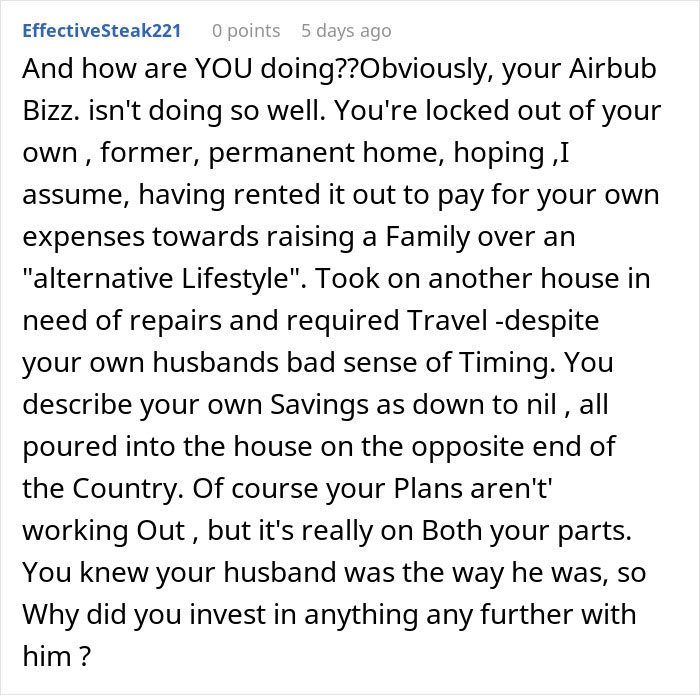 Reddit comment discussing struggles after missing a flight and expecting wife to rescue him, receiving a lesson instead.