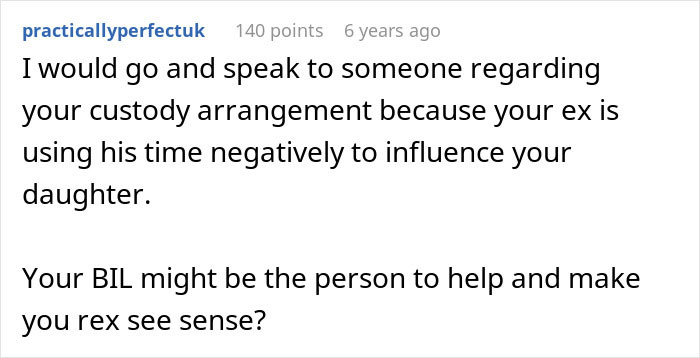 Screenshot of a Reddit comment discussing custody arrangements and family dynamics involving a brother-in-law and daughter.