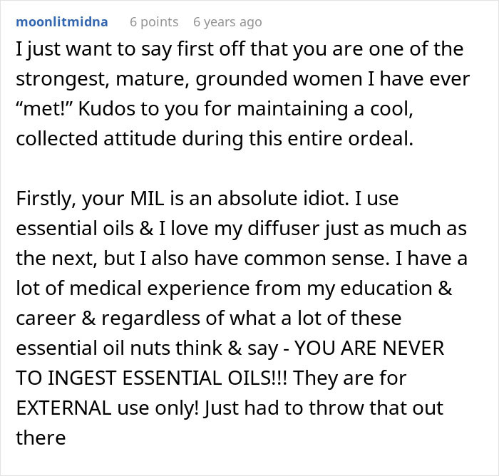 Commenter condemns MIL for poisoning toddler with essential oils, stressing essential oils are for external use only.