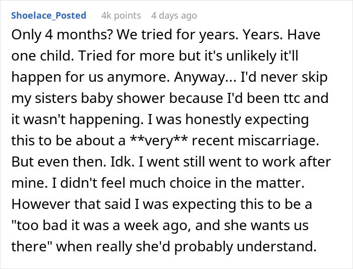 Wife&rsquo;s reaction to husband attending sister&rsquo;s baby shower causes emotional distress and need for therapy support.
