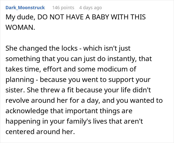Text post discussing a wife&rsquo;s extreme reaction to her husband attending his sister&rsquo;s baby shower, causing family tension.