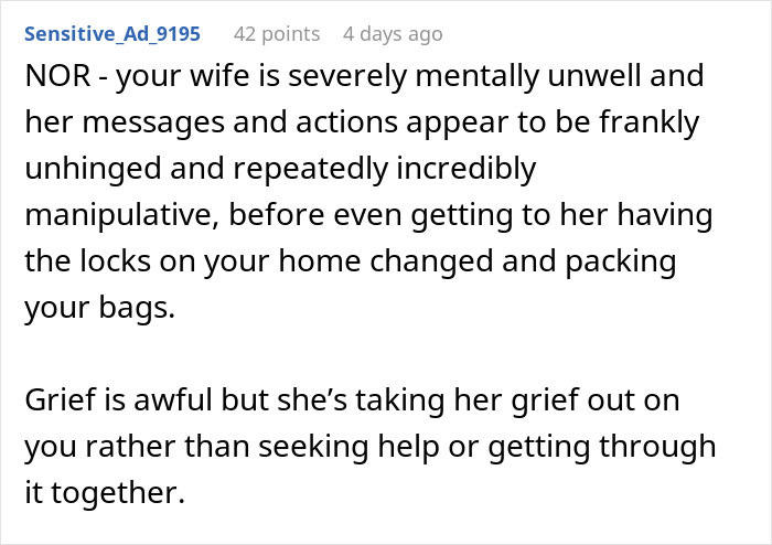 Text comment discussing wife&rsquo;s reaction to husband attending sister&rsquo;s baby shower and resulting need for therapy.