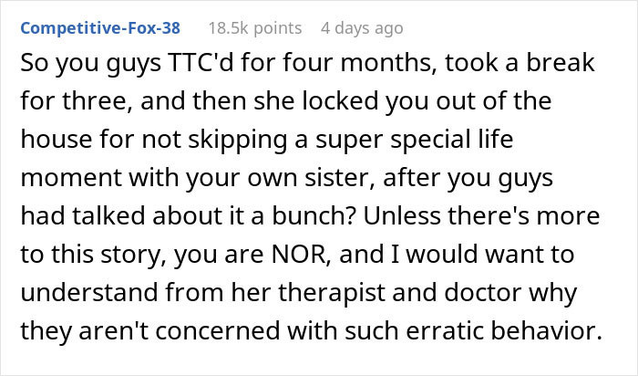 Wife&rsquo;s reaction to husband attending sister&rsquo;s baby shower causes emotional distress and need for therapy.