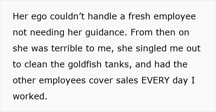 Text describing employee conflicts at a pet store, highlighting observations leading to uncovering fraud by the manager.