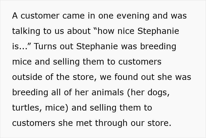 Alt text: Text describing a pet store manager breeding and selling animals secretly, caught by employee observations and paper trail.
