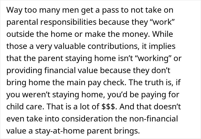 Text excerpt discussing challenges of motherhood, parental responsibilities, and the financial and non-financial value of stay-at-home parents. Text excerpt discussing challenges of motherhood, parental responsibilities, and the financial and non-financial value of stay-at-home parents.