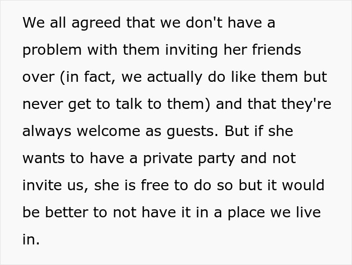 Text discussing neighbors agreeing on guests and privacy concerns about having a private party at their home.