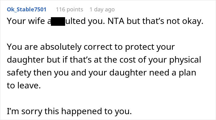 Comment explaining the importance of telling wife why daughter doesn&rsquo;t trust and protecting family safety after abuse.