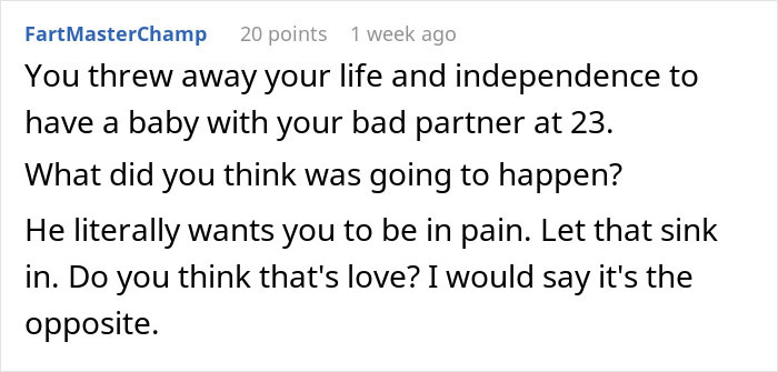 Screenshot of a comment expressing how a man hates how easy everything comes to his wife and wants her to suffer. Screenshot of a comment expressing how a man hates how easy everything comes to his wife and wants her to suffer.