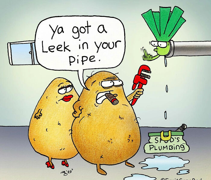 Two funny potato characters fix a leaking pipe with a leek inside in a fruit gone bad comic scene.