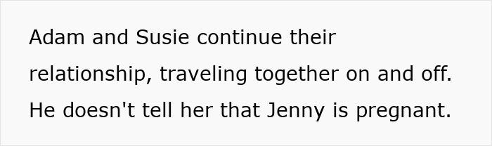 Text on screen describing a toxic man romantically involved with two women, causing shock and horror among others.