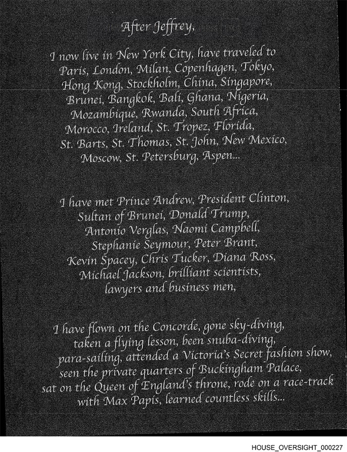 Black page with white scripted text listing cities visited, famous people met, and experiences had, related to Jeffrey Epstein&rsquo;s 50th birthday book.