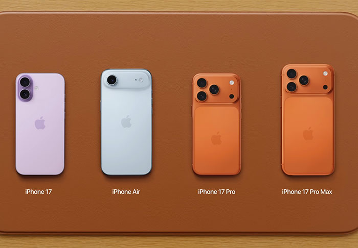 Four different iPhone 17 models displayed on a brown surface showing design variations after Apple launch. Four different iPhone 17 models displayed on a brown surface showing design variations after Apple launch.