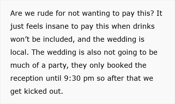 Text discussing a bride demanding money from friends after "cheap" wedding shower gifts sparked controversy and frustration.
