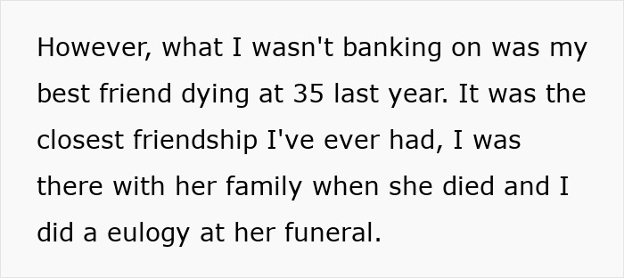 Screenshot of text reflecting on the unexpected death of a best friend at age 35 and delivering her eulogy. Screenshot of text reflecting on the unexpected death of a best friend at age 35 and delivering her eulogy.