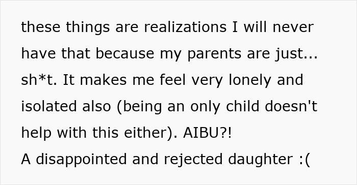 Text expressing a heartbroken daughter feeling lonely and rejected as parents prefer watching TV over spending time with her.